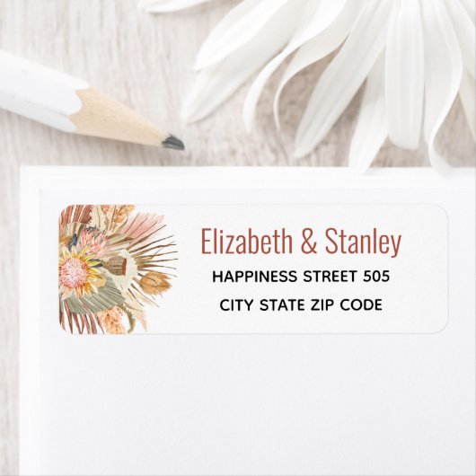 Gedroogde palmen en pampas's terracotta bruiloft etiket (Insitu)