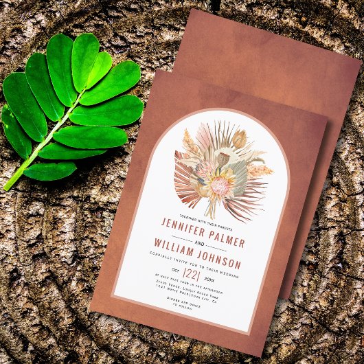 Gedroogde palmen en pampas's terracotta bruiloft kaart