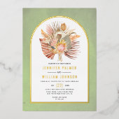 Gedroogde palmen, pampas gras, groen trouwgoud folie uitnodiging (Voorkant)
