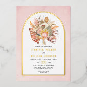 Gedroogde palmen, pampas gras, zacht roze bruiloft folie uitnodiging (Voorkant)