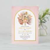 Gedroogde palmen, pampas gras, zacht roze bruiloft folie uitnodiging (Staand Voorkant)