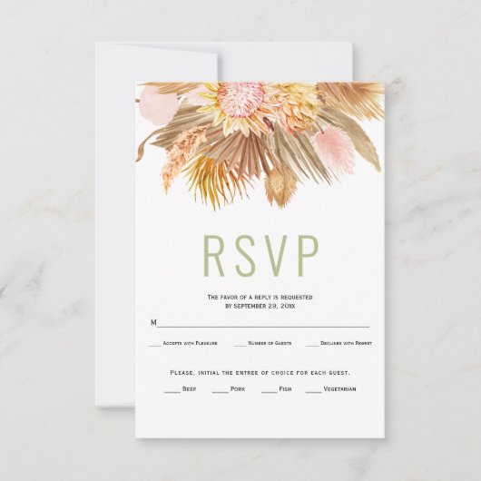 Gedroogde palmen, pampas grassen groene bruiloft R RSVP Kaartje (Voorkant)