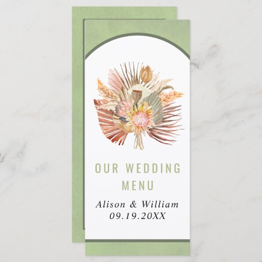 Gedroogde palmpampas gras groen trouwmenu menu (Voorkant / Achterkant)