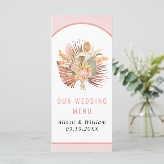 Gedroogde palmpasta's zacht roze trouwmenu menu (Staand voorkant)