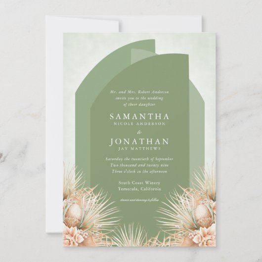 Gedroogde Palms Sage Green Wedding Invitation Kaart (Voorkant)