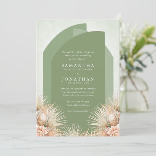 Gedroogde Palms Sage Green Wedding Invitation Kaart (Staand voorkant)