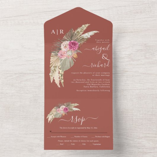 Gedroogde pampas gras palm bladeren terracotta bru all in one uitnodiging (Binnen)