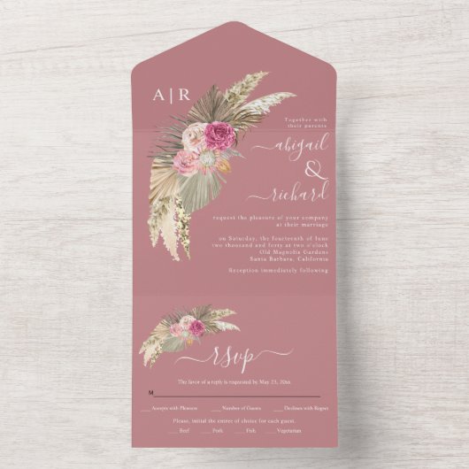 Gedroogde pampas graspalmbladeren stoffig roos bru all in one uitnodiging (Binnen)