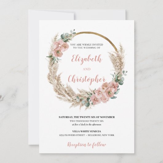 Gedroogde Pampas Grass Wreath Roos Orchidee Eucaly Kaart (Voorkant)