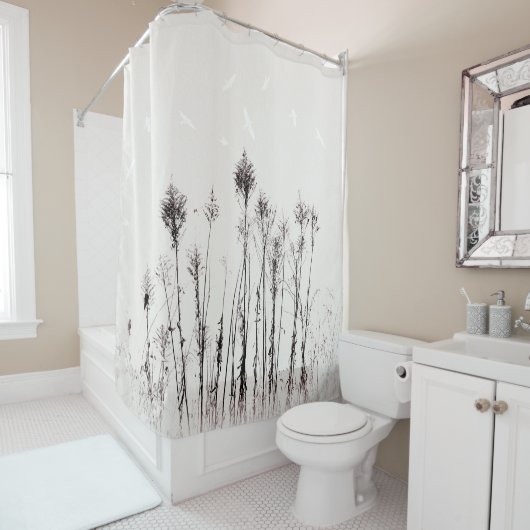 Gedroogde Planten Witte vogels Minimale Natuur Douchegordijn (In situ)