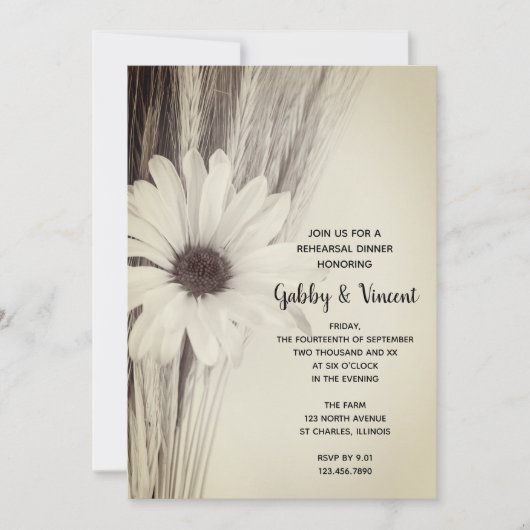 Gedroogde tarwe en Daisy Boerderij Rehearsal Dinne Kaart (Voorkant)