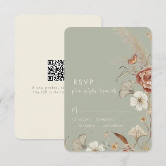 Gedroogde wilde bloemen BOHO Sage Green Wedding RSVP Kaartje (Voorkant / Achterkant)