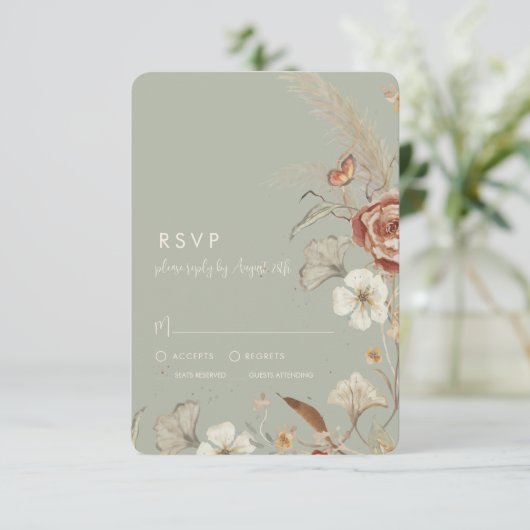 Gedroogde wilde bloemen BOHO Sage Green Wedding RSVP Kaartje (Staand voorkant)