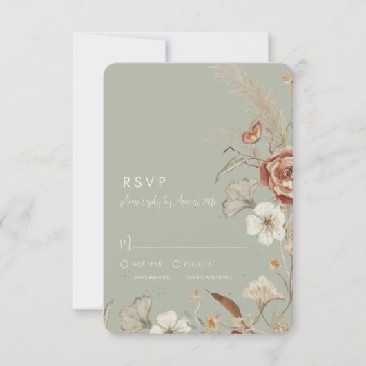 Gedroogde wilde bloemen BOHO Sage Green Wedding RSVP Kaartje (Voorkant)