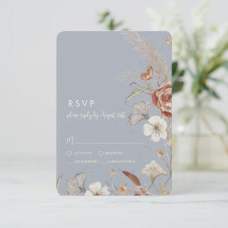 Gedroogde wilde bloemen boho stoffig blauwe trouwd RSVP kaartje