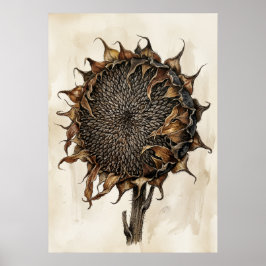 Gedroogde Zonnebloem Botanische Print | Vintage Na