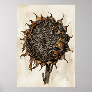 Gedroogde Zonnebloem Botanische Print Vintage Na