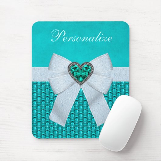 Gedrukt Aquamarine Heart Faux Jewel & Bow Muismat (Met muis)