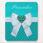 Gedrukt Aquamarine Heart Faux Jewel & Bow Muismat (Voorkant)