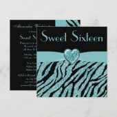 Gedrukt Blauwgroen hart & Zebra Glitter Sweet 16 Kaart (Voorkant / Achterkant)