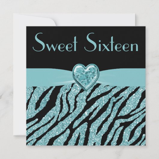Gedrukt Blauwgroen hart & Zebra Glitter Sweet 16 Kaart (Voorkant)