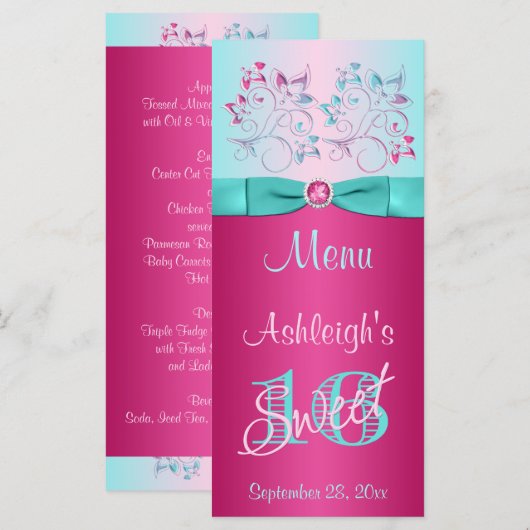 GEDRUKT BOOG Roze, Aqua Bloemzoet 16 Menu Kaart (Voorkant / Achterkant)