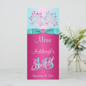 GEDRUKT BOOG Roze, Aqua Bloemzoet 16 Menu Kaart (Staand voorkant)