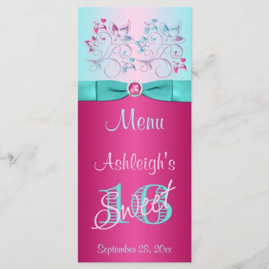 GEDRUKT BOOG Roze, Aqua Bloemzoet 16 Menu Kaart (Voorkant)