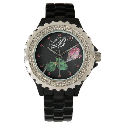 GEDRUKT ENAMEL ROSEBUD JEWEL EN DIAMONDS MONOGRAM HORLOGE (Voorkant)