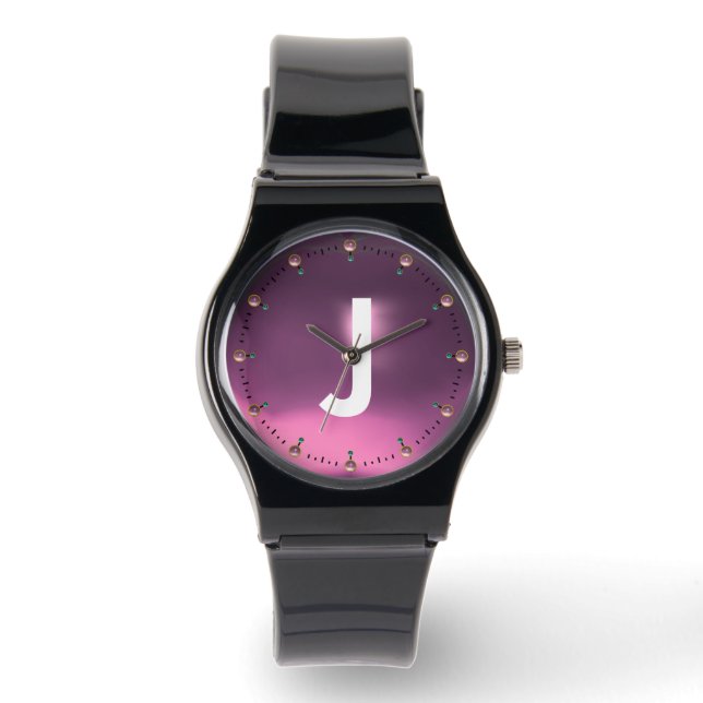 GEDRUKT LILA ROZE EDELSTEEN MONOGRAM HORLOGE (Voorkant)