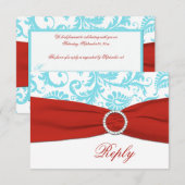 GEDRUKT LINT Aqua, Wit, Rode Damast RSVP Kaart (Voorkant / Achterkant)