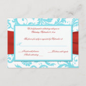 GEDRUKT LINT Aqua, Wit, Rode Damast RSVP Kaart (Achterkant)