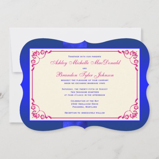 GEDRUKT LINT Blauw, Roze Bloemen Huwelijksuitnodig Kaart (Achterkant)