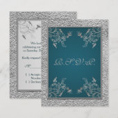 GEDRUKT LINT Blauwgroen op FAUX Pewter RSVP-kaart RSVP Kaartje (Voorkant / Achterkant)