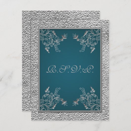 GEDRUKT LINT Blauwgroen op FAUX Pewter RSVP-kaart RSVP Kaartje (Voorkant / Achterkant)