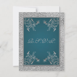 GEDRUKT LINT Blauwgroen op FAUX Pewter RSVP-kaart RSVP Kaartje