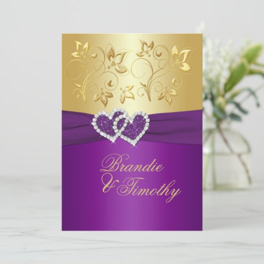 GEDRUKT LINT Paarse, gouden bloemige bruiloft uitn Kaart (Staand voorkant)