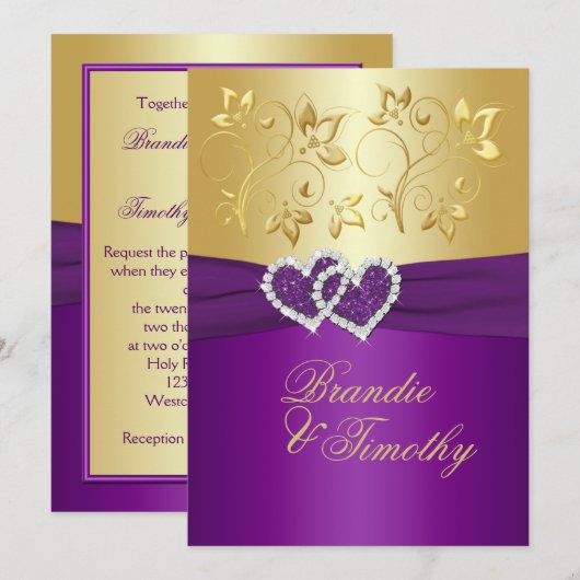 GEDRUKT LINT Paarse, gouden bloemige bruiloft uitn Kaart (Voorkant / Achterkant)