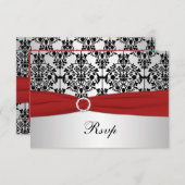 GEDRUKT LINT Rood, Grijs, & Zwart Damast RSVP Kaar (Voorkant / Achterkant)
