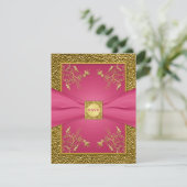 GEDRUKT LINT Roze en Gouden Bloemen RSVP Kaart (Staand voorkant)