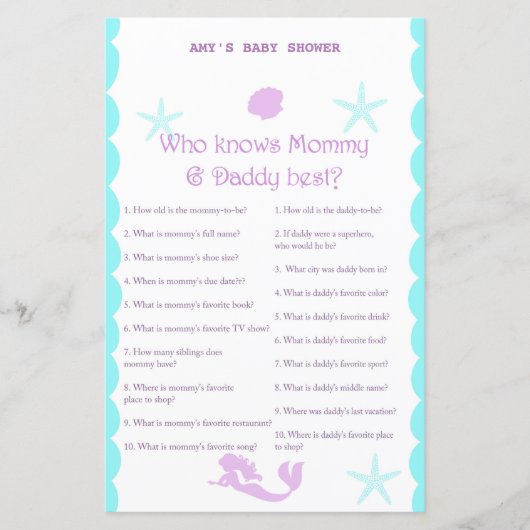Gedrukt Mermaid Baby shower Game (Voorkant)