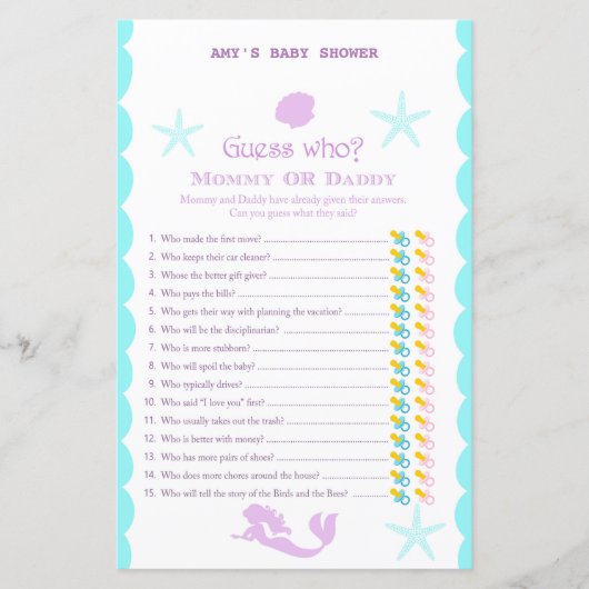 Gedrukt Mermaid Baby shower Game (Voorkant)