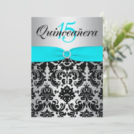 GEDRUKT RIBBON Aqua Silver Black Quinceanera Kaart (Staand voorkant)