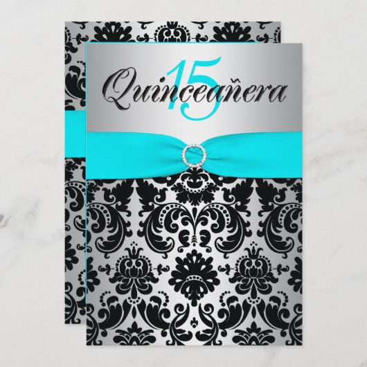 GEDRUKT RIBBON Aqua Silver Black Quinceanera Kaart (Voorkant / Achterkant)