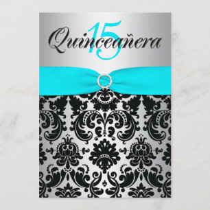 GEDRUKT RIBBON Aqua Silver Black Quinceanera Kaart