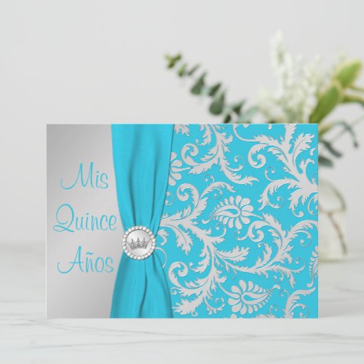 GEDRUKT RIBBON Aqua, Silver Photo Quinceanera Kaart (Staand voorkant)