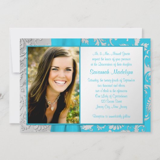 GEDRUKT RIBBON Aqua, Silver Photo Quinceanera Kaart (Achterkant)