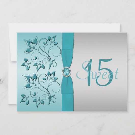 GEDRUKT RIBBON Aqua, Silver Quinceanera Invite Kaart (Voorkant)