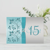 GEDRUKT RIBBON Aqua, Silver Quinceanera Invite Kaart (Staand voorkant)