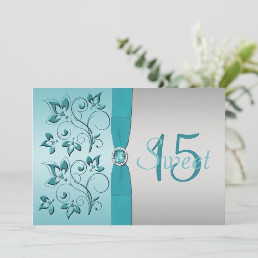 GEDRUKT RIBBON Aqua, Silver Quinceanera Invite Kaart (Staand voorkant)